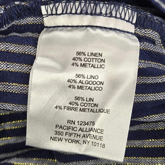 Ellen Tracy Women Pants L Blue White  Linen Striped Gold Metallic Drawstring - Picture 3 of 12